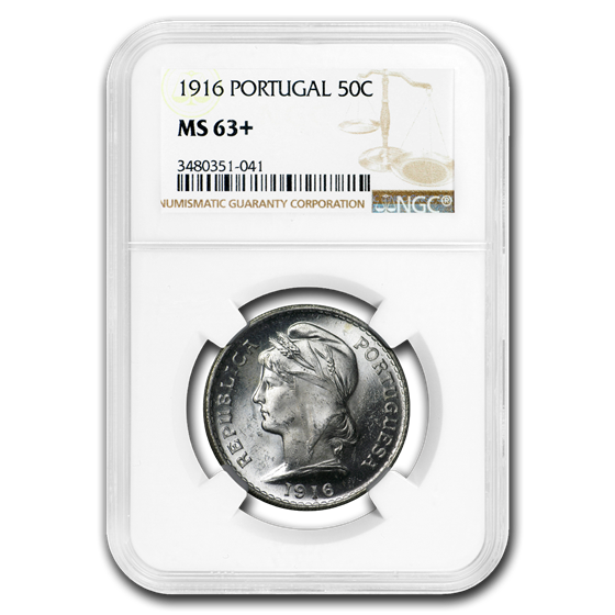 1916 Portugal Silver 50 Centavos MS-63+ NGC 1916 Portugal Silver 50 Centavos MS-63+ NGC